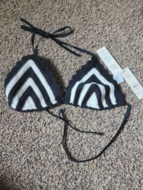 Time and Tru Black and White Crochet Triangle Swim Top